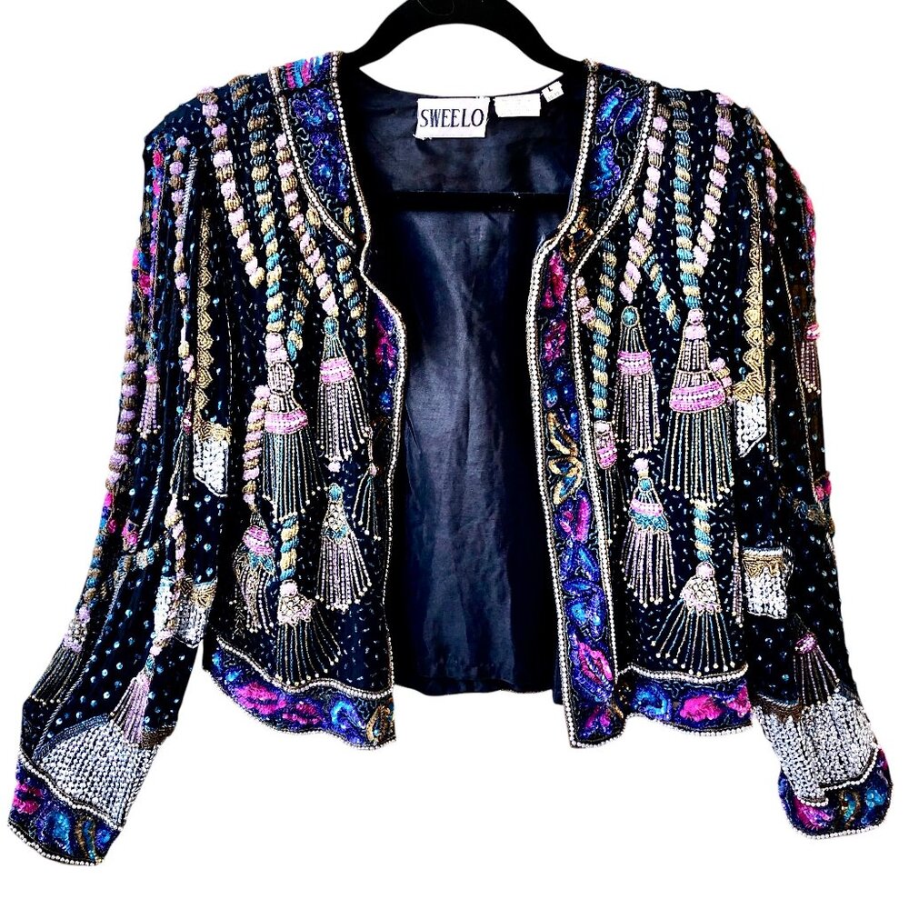 Vintage SweeLo Multi-Color Beaded Sequins Silk Jacket Womens size Large (10-12) - Picture 2 of 16